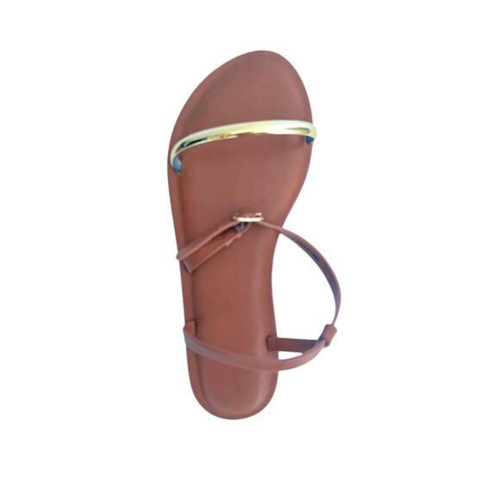 Cognac Gold Bar Flat Sandals Ankle Strap NWOT Size 7